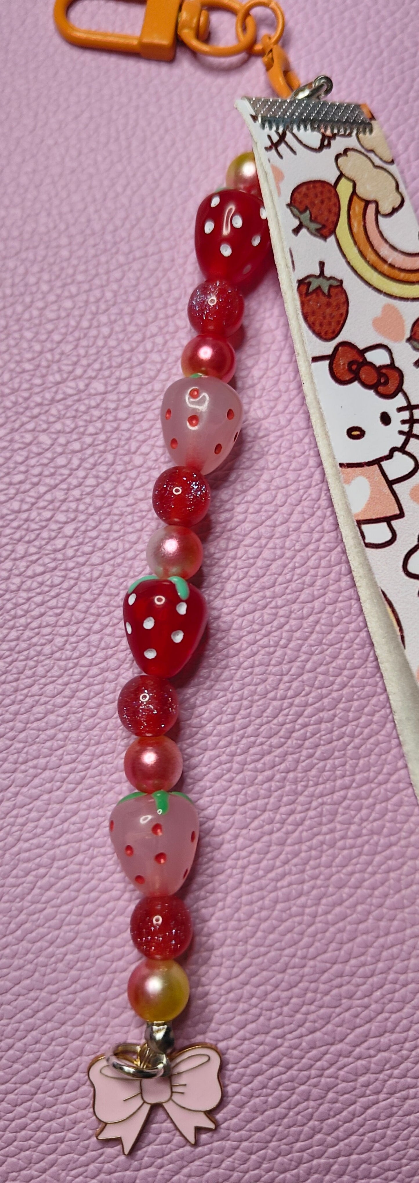 Strawberry Beaded Phone Strap & Charm with Universal Phone Adapter