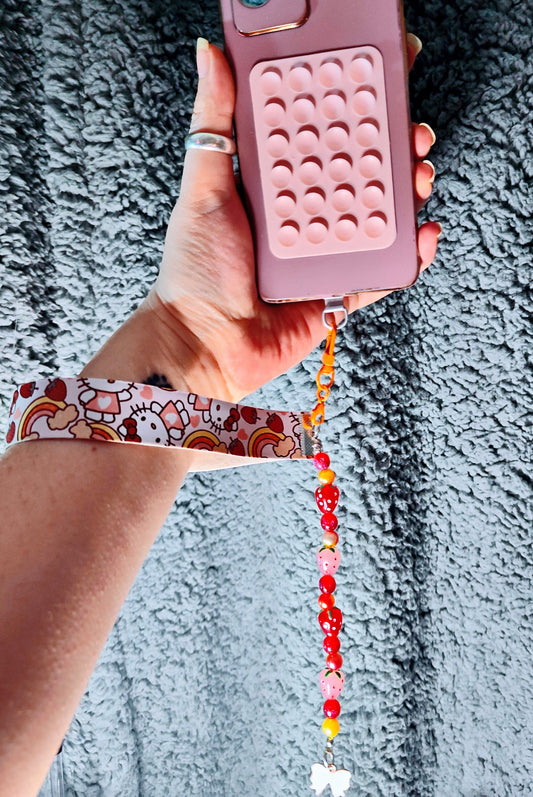 Strawberry Beaded Phone Strap & Charm with Universal Phone Adapter