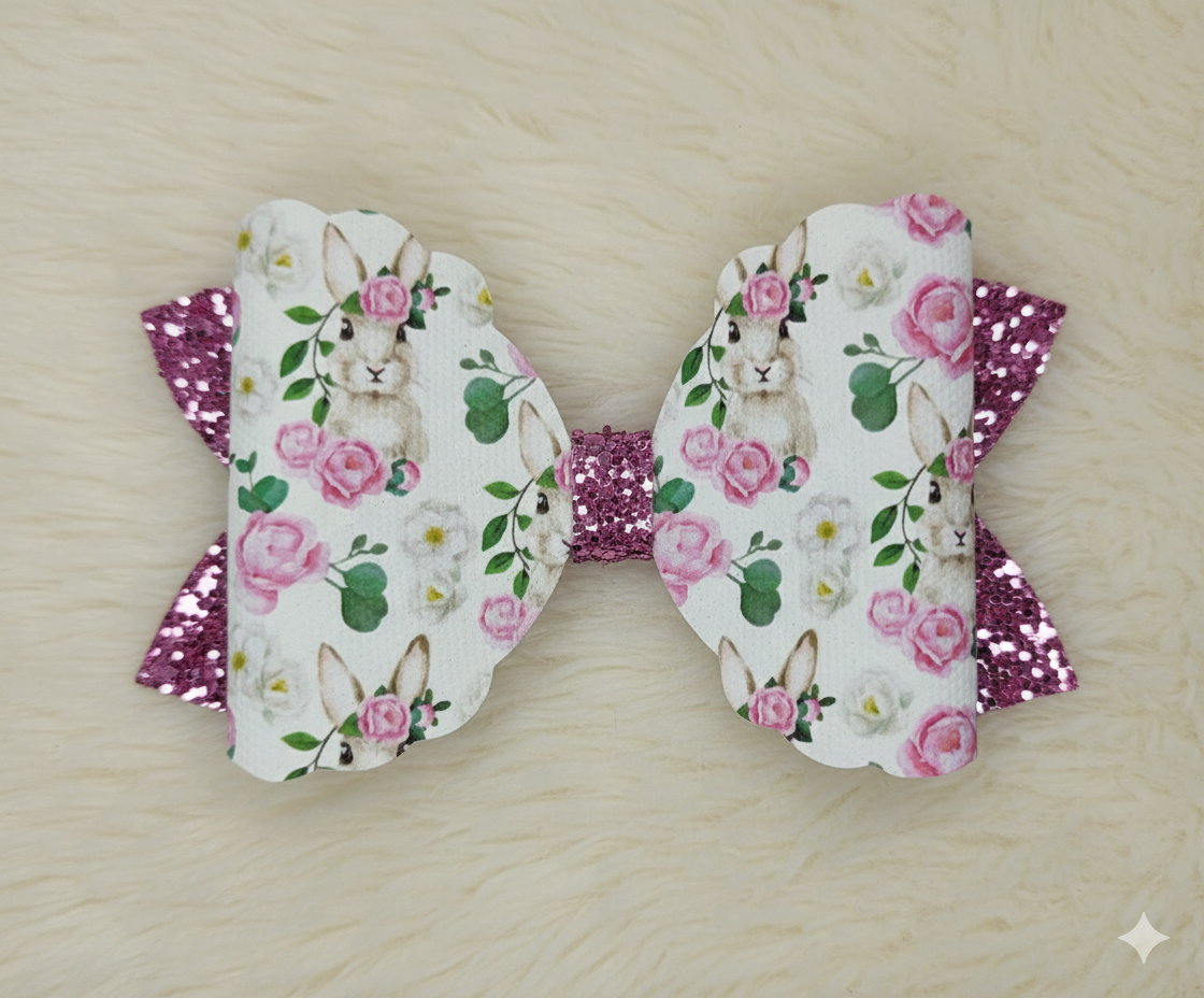 Floral Bunny & Pink Glitter Scalloped Hair Bow