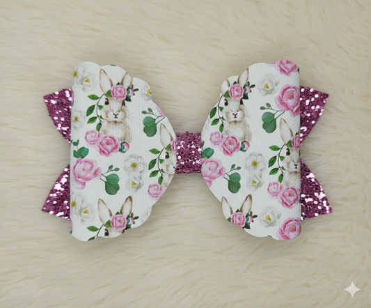 Floral Bunny & Pink Glitter Scalloped Hair Bow