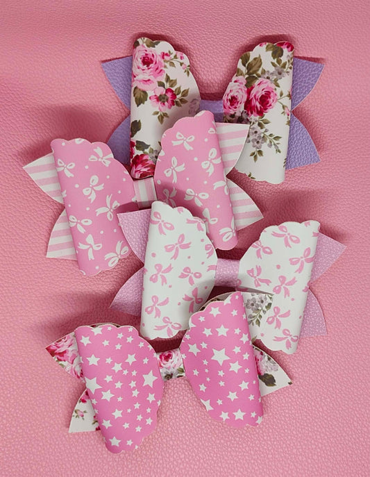 Pink Floral & Bow Print Hair Bow Set | 4-Inch Clips | Set of 4