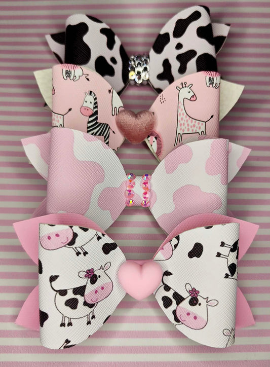 Pink Animal Print Hair Bow Set | 4-Inch Clips | Set of 4